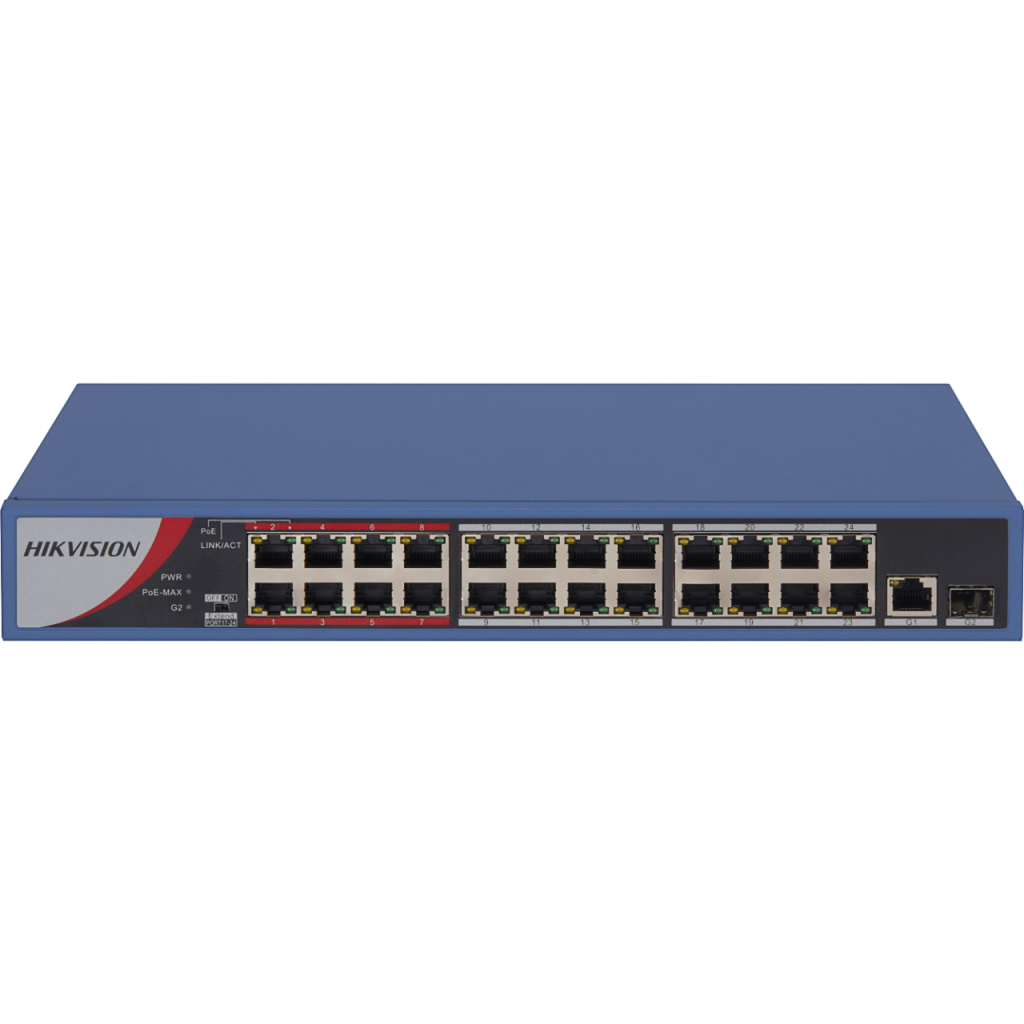 HIKVISION DS-3E0326P-E/M(B), 24 Port, MegaBit, PoE 250W, 1 Port GigaBit Uplink, 1 Port GigaBit SFP, Yönetilemez, Rack Mount Switch