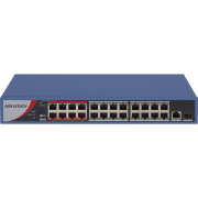 HIKVISION DS-3E0326P-E/M(B), 24 Port, MegaBit, PoE 250W, 1 Port GigaBit Uplink, 1 Port GigaBit SFP, Yönetilemez, Rack Mount Switch