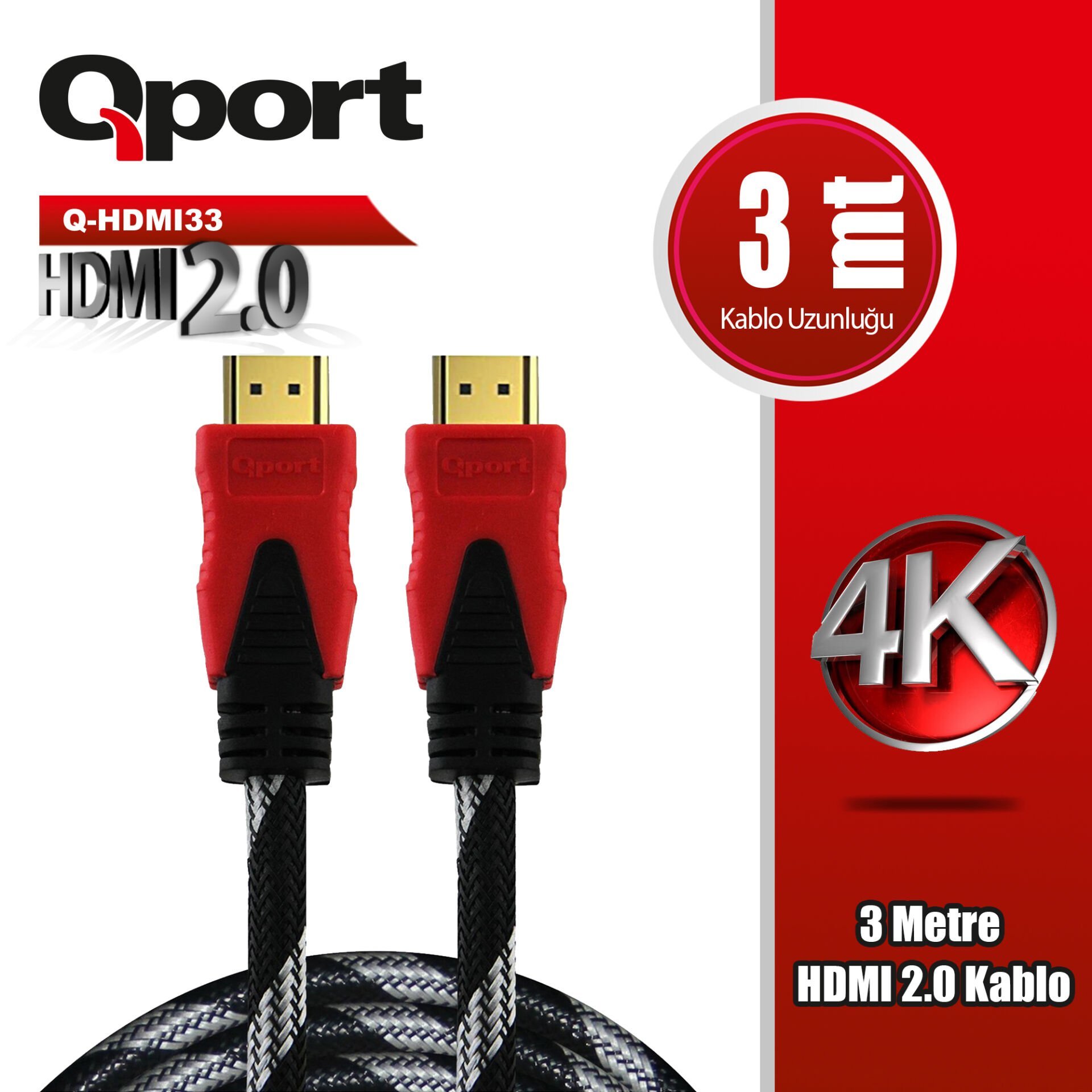 QPORT Q-HDMI33 HDMI KABLO 3MT Ver 2.0 4K ALTIN UÇLU