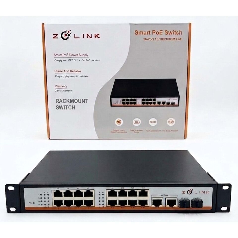 Zolink ZNT-SW-16PG2UG2S-V3 100/1000 16+2+2 Rackmount PoE Switch 2 Port Uplink 1000M 300w