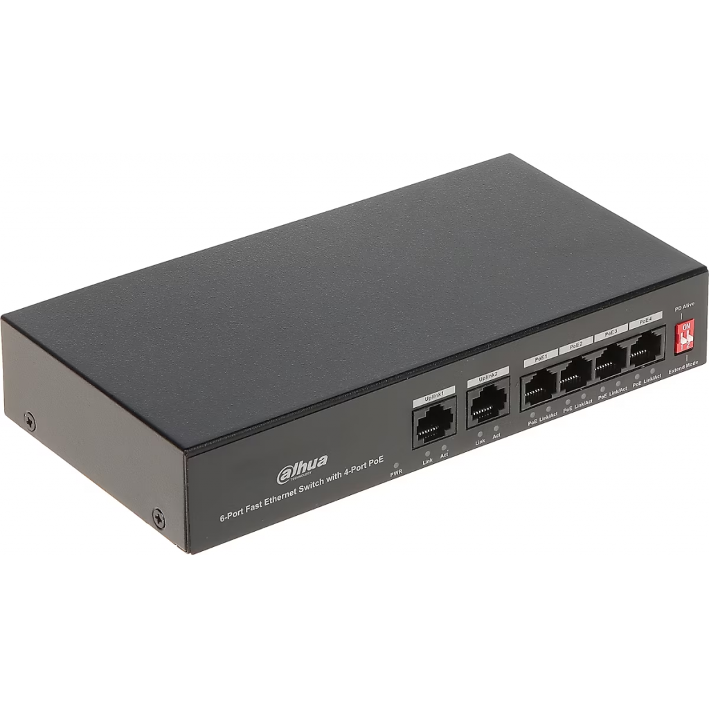 DAHUA PFS3006-4ET-36, 4 Port, Megabit, PoE 36W, 2 Port Uplink, Yönetilemez, Masaüstü Switch