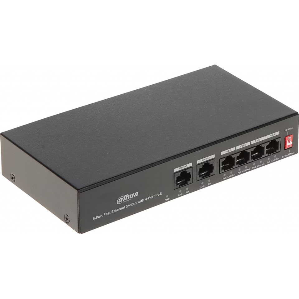 DAHUA PFS3006-4ET-36, 4 Port, Megabit, PoE 36W, 2 Port Uplink, Yönetilemez, Masaüstü Switch
