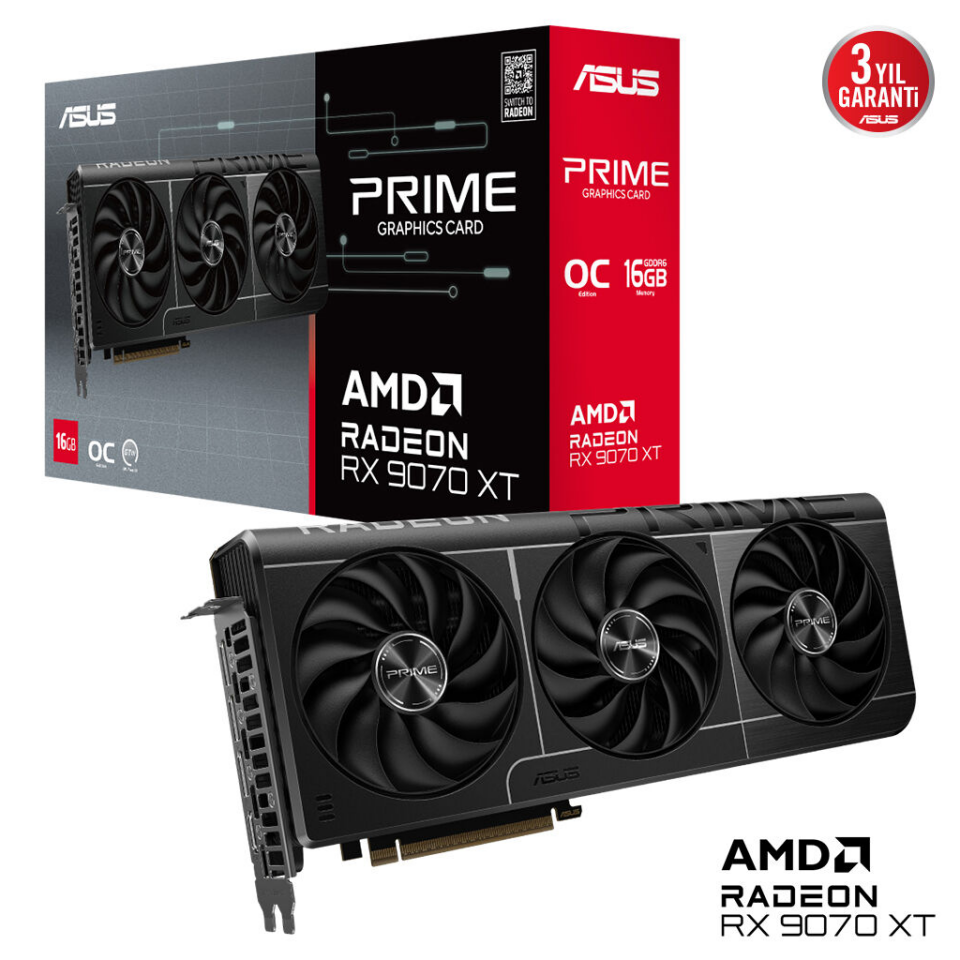ASUS PRIME-RX9070XT-O16G, 16Gb, 256Bit, GDDR6, 1xHDMI, 3xDP, GAMING Ekran Kartı