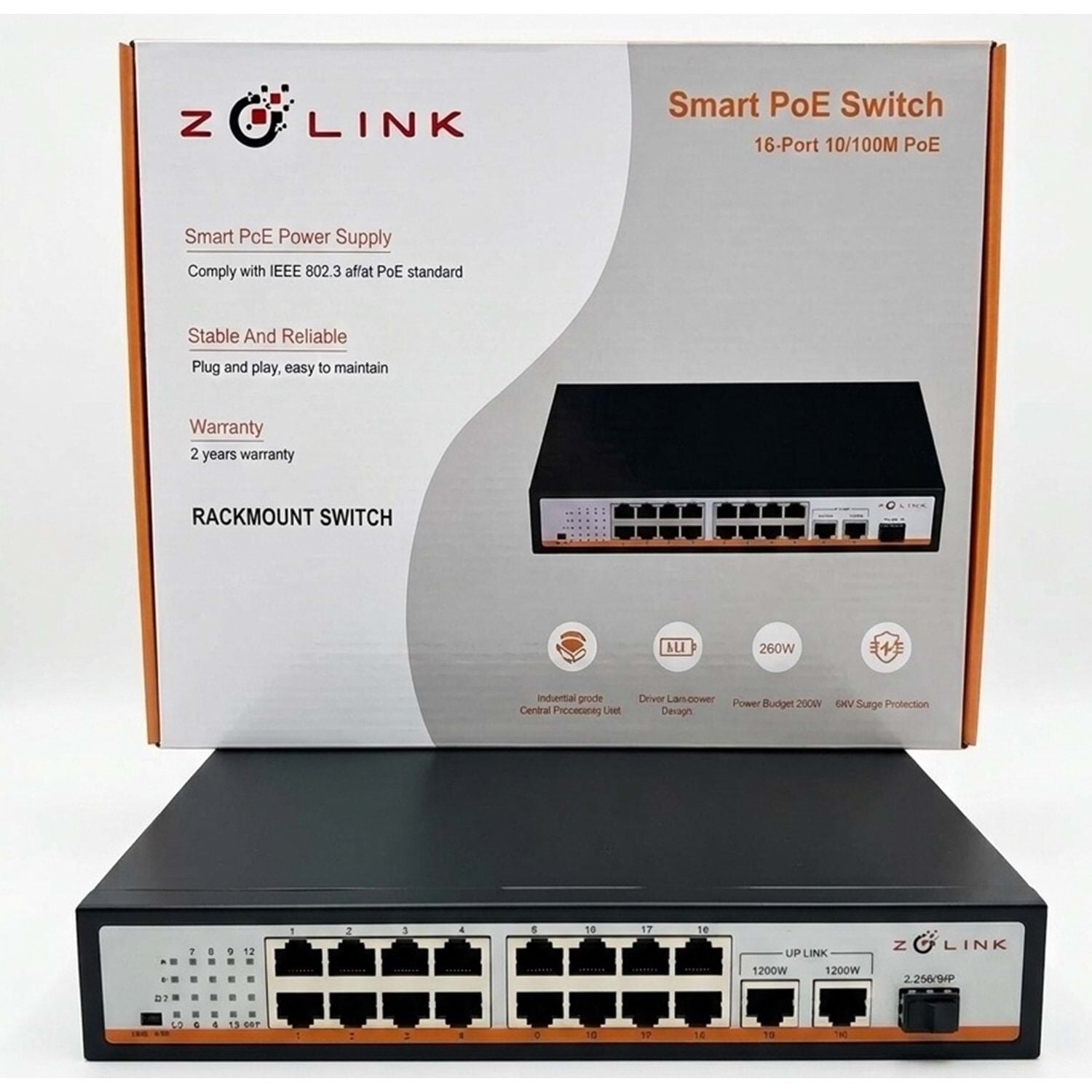 Zolink ZNT-SW-16P2UG1S-V3 10/100 16+2 Rackmount PoE Switch 2 Port 1000M Uplink 260w