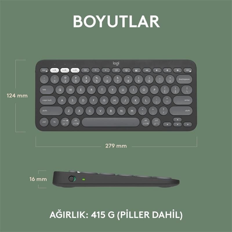 LOGITECH K380S PEBBLE KEYS 2 ÇOKLU CİHAZ ÖZELLİKLİ BLUETOOTH TÜRKÇE Q KLAVYE GRİ 920-011859