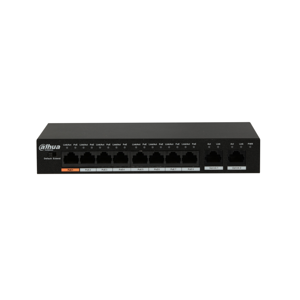 DAHUA PFS3010-8ET-96, 8 Port, MegaBit, PoE 96W, 2 Port GigaBit Uplink, Yönetilemez, Masaüstü Switch