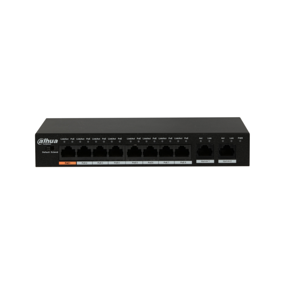 DAHUA PFS3010-8ET-96, 8 Port, MegaBit, PoE 96W, 2 Port GigaBit Uplink, Yönetilemez, Masaüstü Switch