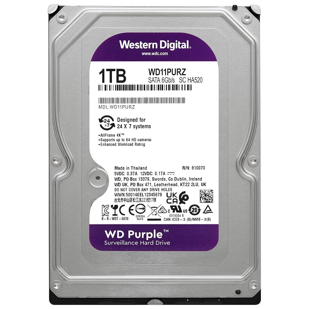 WD PURPLE, WD11PURZ, 3.5" 1TB, 64Mb, 5400 Rpm, 7/24 Güvenlik, HDD (Türkiye Distribütörü Garantili)