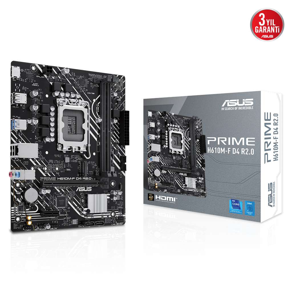 ASUS PRIME H610M-F D4 R2.0, 2xDDR4, M.2, HDMI, 12-13.14.Nesil, LGA1700 Soket, Anakart