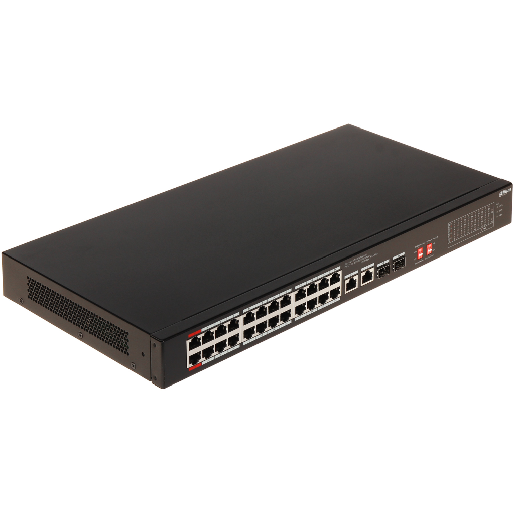 DAHUA S3226-24ET-240, 24 Port, MegaBit, PoE 240W, 2 Port GigaBit Uplink, 2 Port Gigabit Combo SFP, Longe Range 250Mt, Yönetilemez, Rack Mount Switch