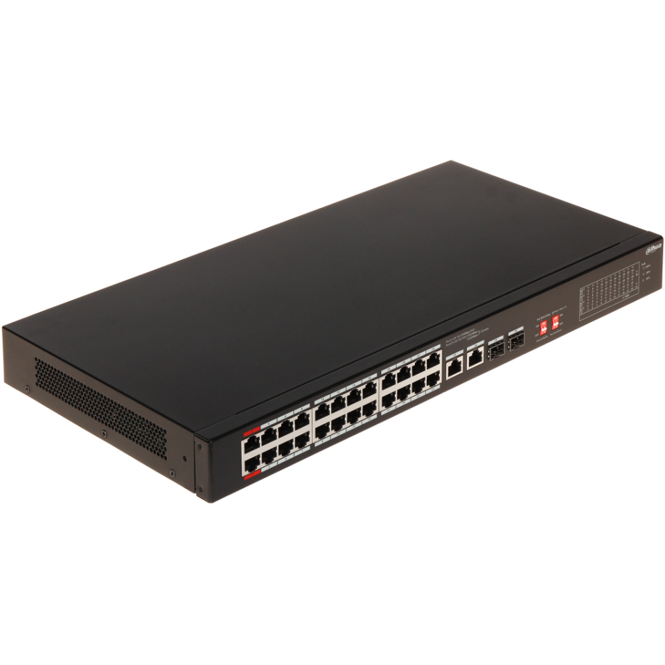 DAHUA S3226-24ET-240, 24 Port, MegaBit, PoE 240W, 2 Port GigaBit Uplink, 2 Port Gigabit Combo SFP, Longe Range 250Mt, Yönetilemez, Rack Mount Switch