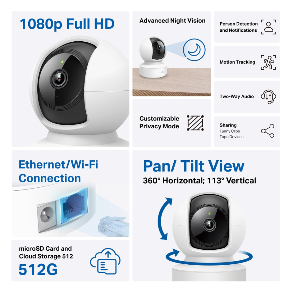 TP-LINK Tapo C202, Bebek/Ev Güvenlik Kamerası, WiFi-Ehernet, 1080P, 12Mt Gece Görüşü, PAN/TILT, iki Yönlü Ses