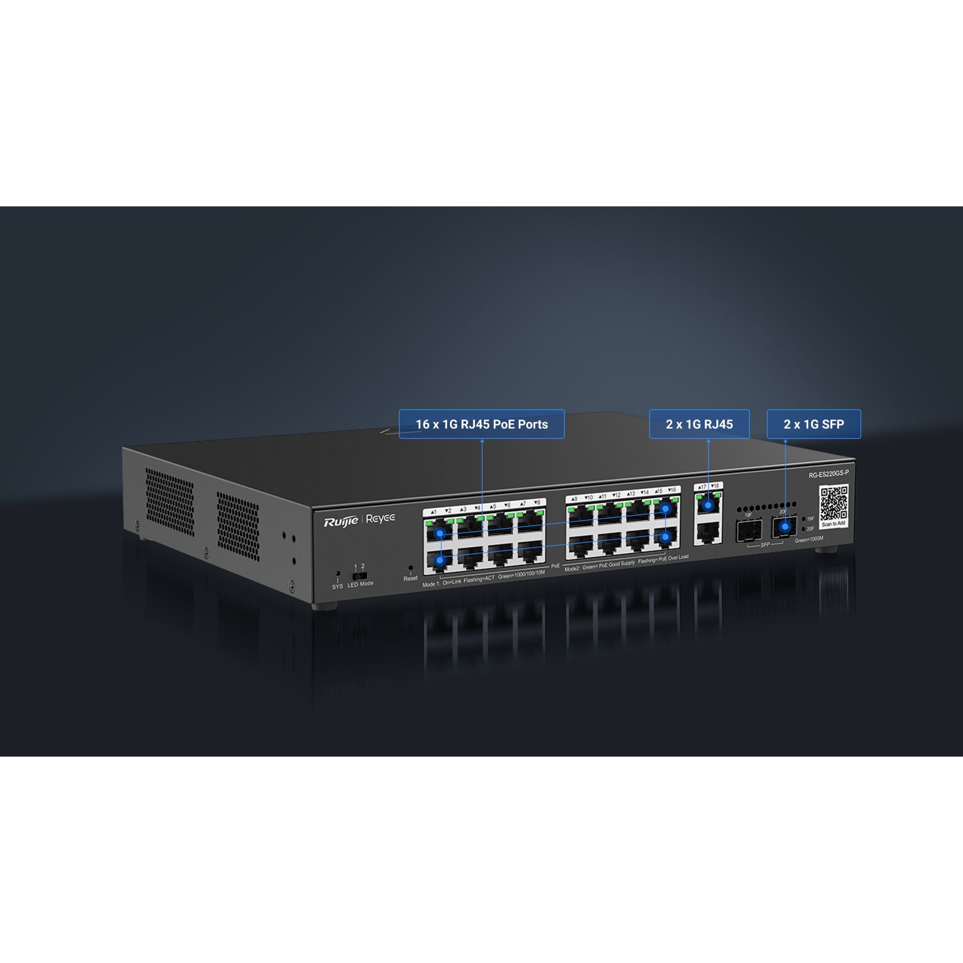 RUIJIE REYEE RG-ES220GS-P 16 PORT 10/100/1000 16 PORT POE 2 PORT UPLINK  2 SFP 250W CLOUD YÖNETİLEBİLİR RACK MOUNT SWITC