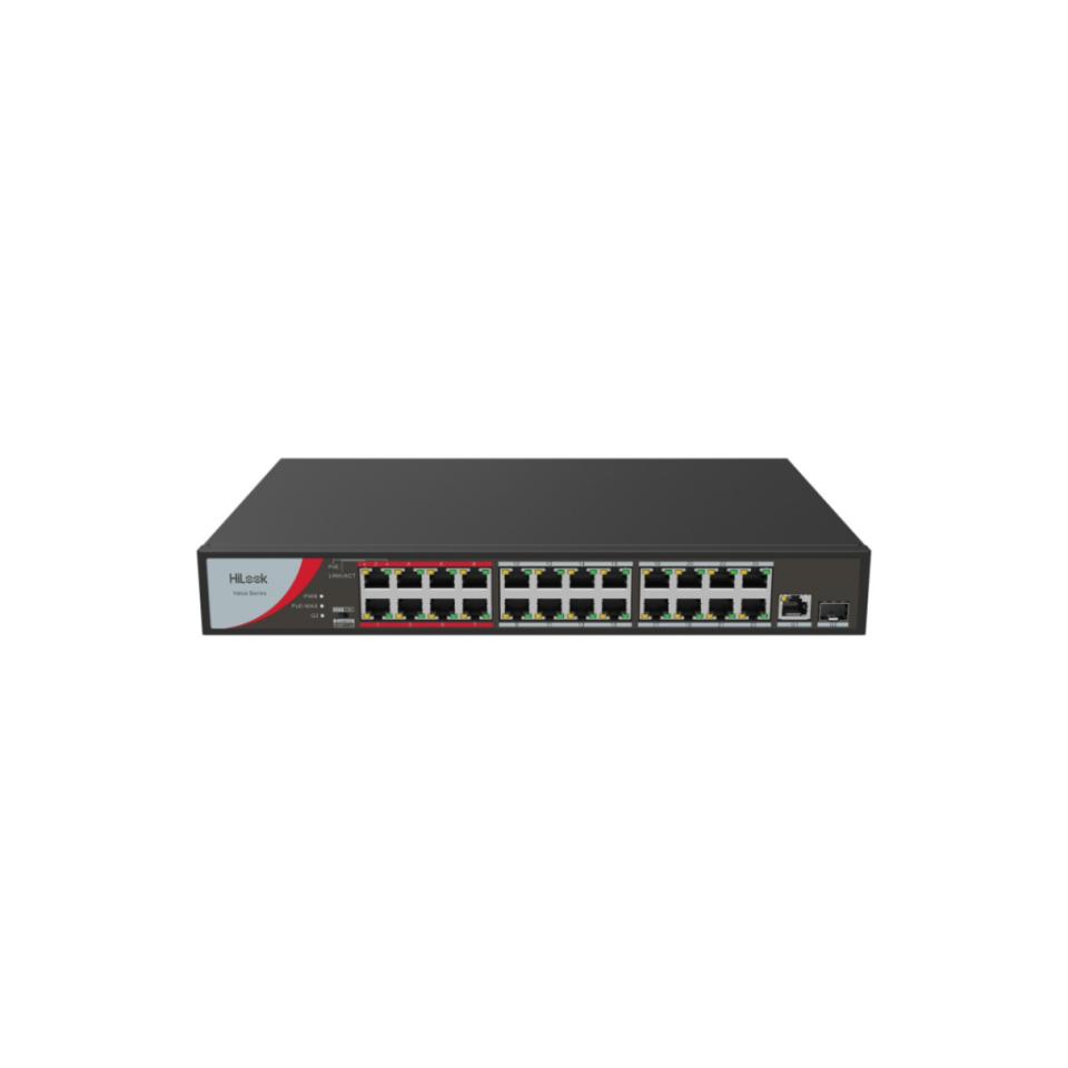 HILOOK NS-0326P-230(B), 24Port, Megabit, PoE 230W, 1 Port GigaBit Lan, 1 Port GigaBit SFP, Long Range 250Metre, Yönetilemez, Masaüstü Switch
