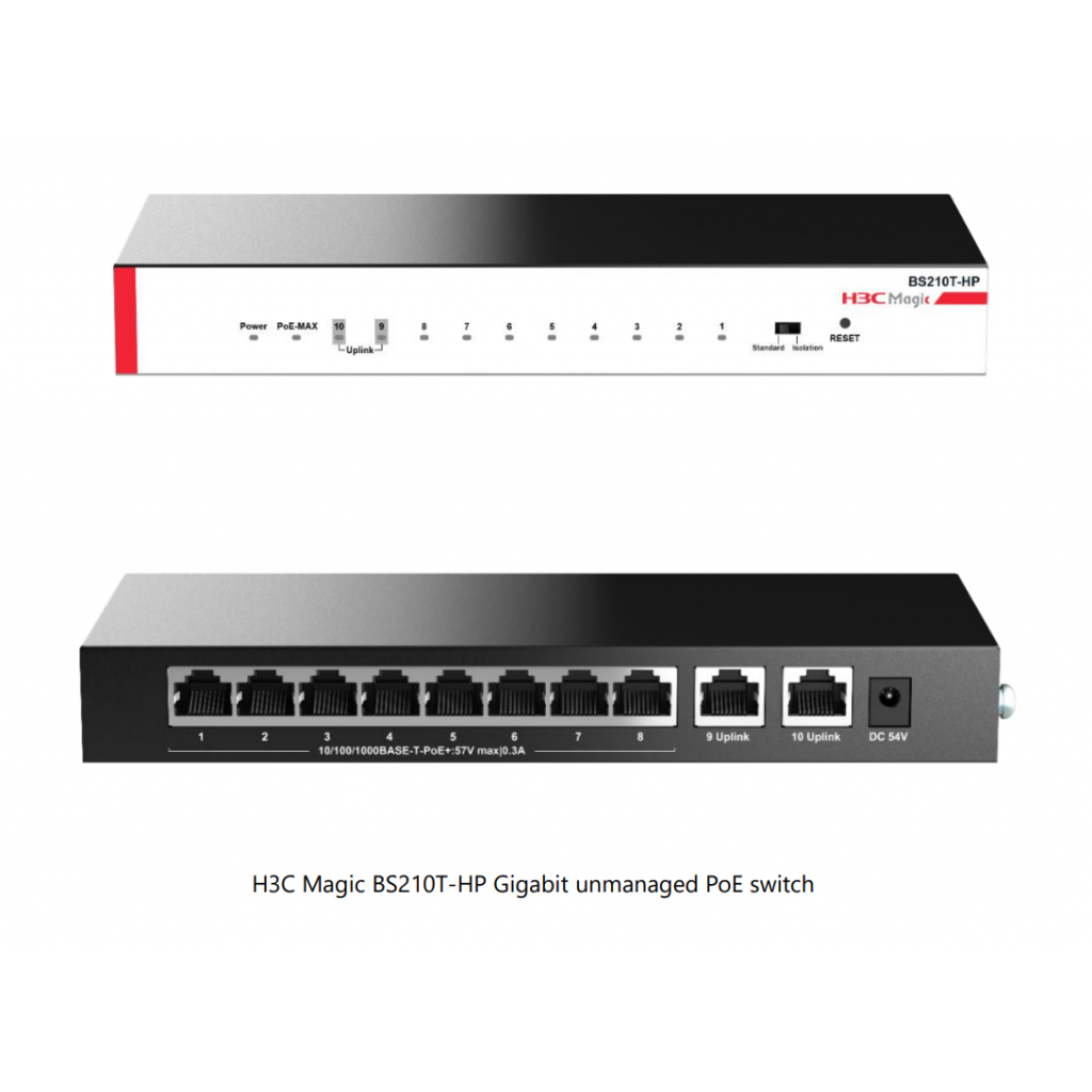 H3C Magic BS210T-HP, 10 Port, GigaBit, 8 Port PoE, 110W, +2 Port GigaBit Uplink, Metal Kasa, Yönetilemez, Masaüstü Switch