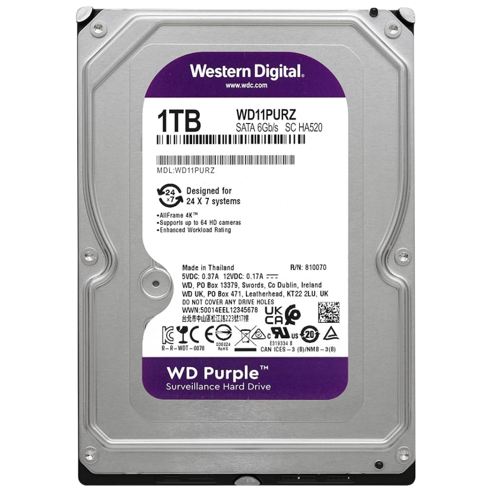 WD PURPLE, WD11PURZ, 3.5" 1TB, 64Mb, 5400 Rpm, 7/24 Güvenlik, HDD (Türkiye Distribütörü Garantili)