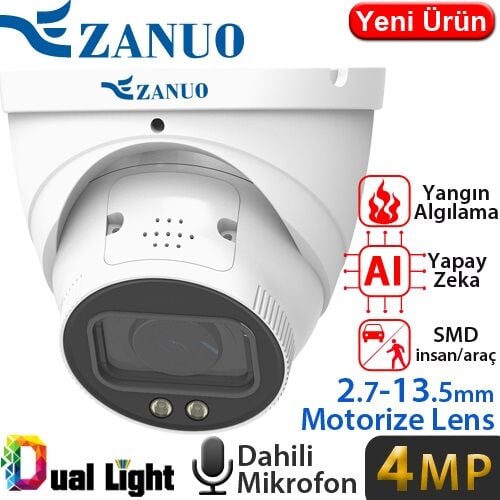 ZANUO ZN-IPC-E2410M-ZAS-L 4MP 2.7-13.5MM DUAL LİGHT+SMD+YAPAY ZEKA IP DOME KAMERA (Dahili Mikrofon)