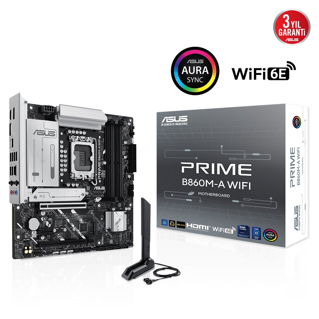 ASUS PRIME B860M-A WIFI, 4xDDR5 2x M.2, HDMI, 2xDP, Wİ-Fİ 6E, Bluetooth v5.3, Type-C, Intel Core Ultra CPU(Seri 2), LGA1851 Soket Anakart