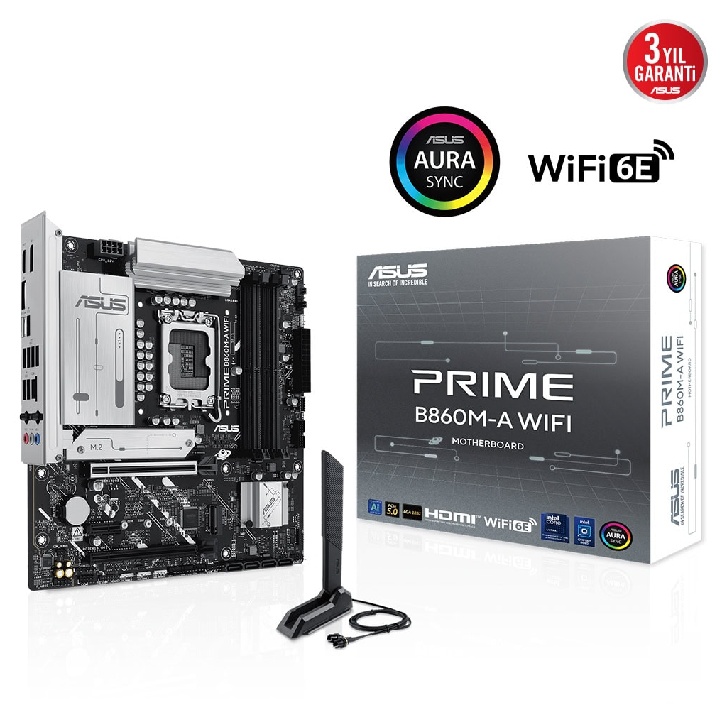 ASUS PRIME B860M-A WIFI, 4xDDR5 2x M.2, HDMI, 2xDP, Wİ-Fİ 6E, Bluetooth v5.3, Type-C, Intel Core Ultra CPU(Seri 2), LGA1851 Soket Anakart