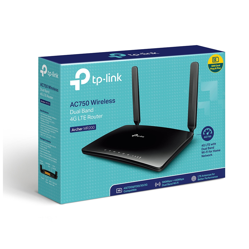 TP-LINK ARCHER MR200, AC750, 4Port, 750Mbps, Dual Band WiFi, Masaüstü, LTE Micro Sim Kart Takılabilir 3G-4G Destekli Router