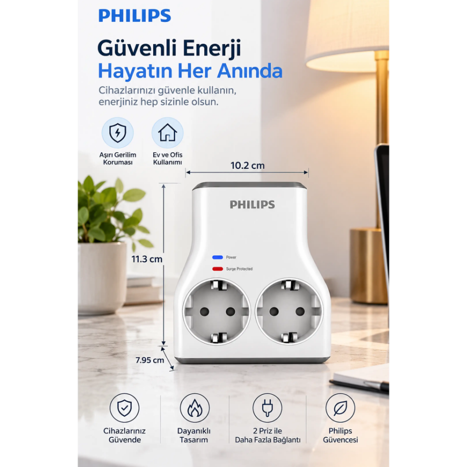 PHILIPS CHP7022W/62, 2li, Akım Korumalı Priz, 1140 Joules, (Beyaz)