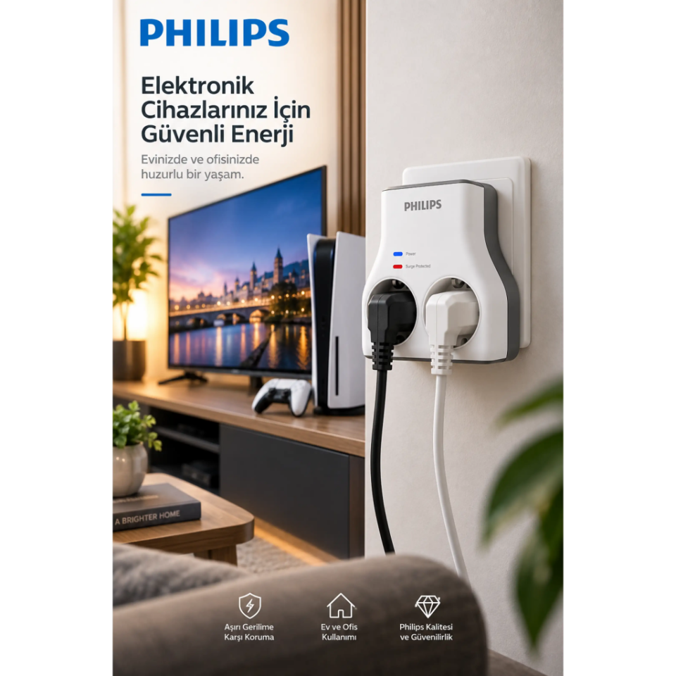 PHILIPS CHP7022W/62, 2li, Akım Korumalı Priz, 1140 Joules, (Beyaz)