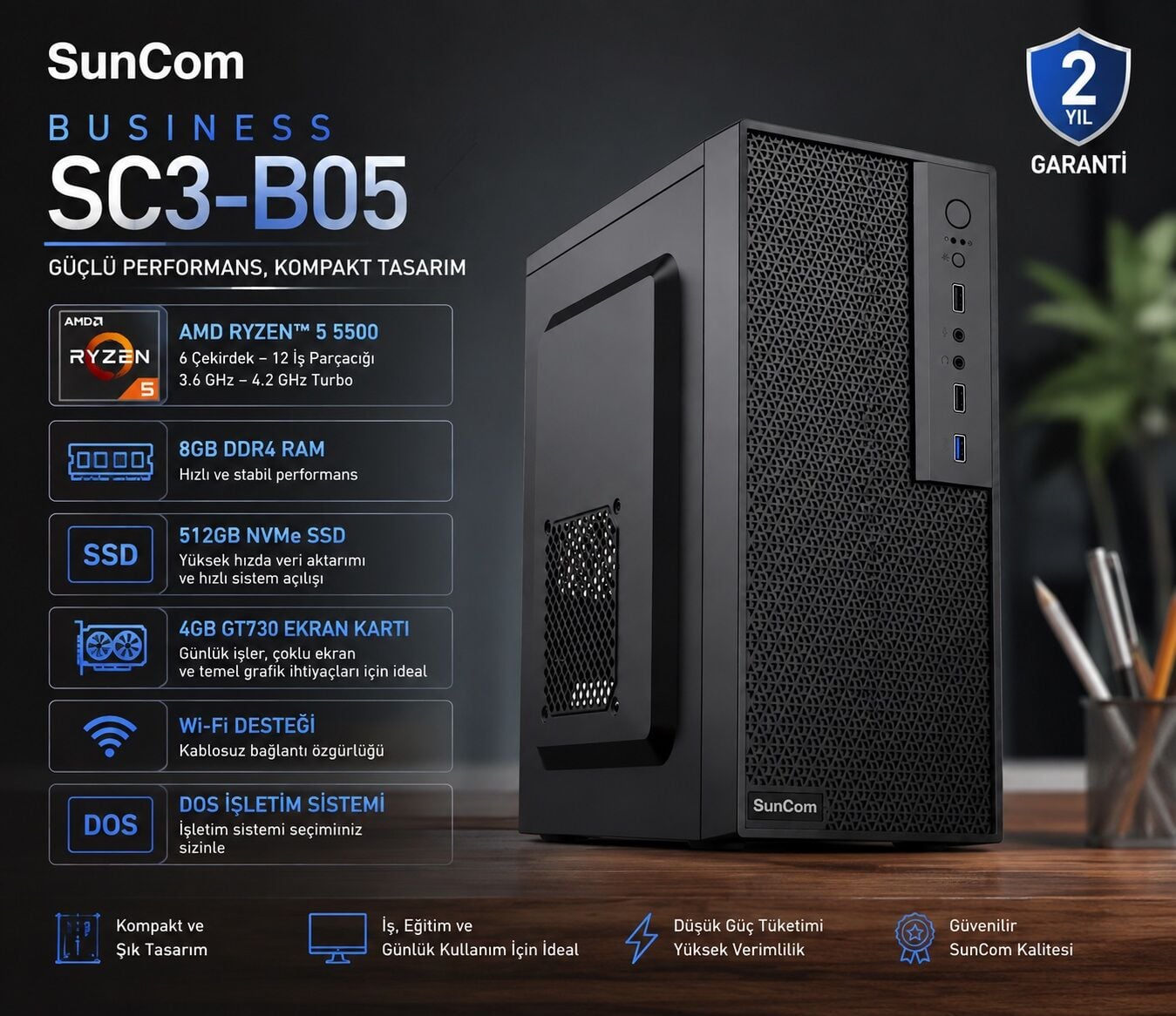 SUNCOM Business SC3-B05 Ryzen 5 5500 8GB 512GB SSD 4gb GT730 DOS Masaüstü PC Wi-Fi