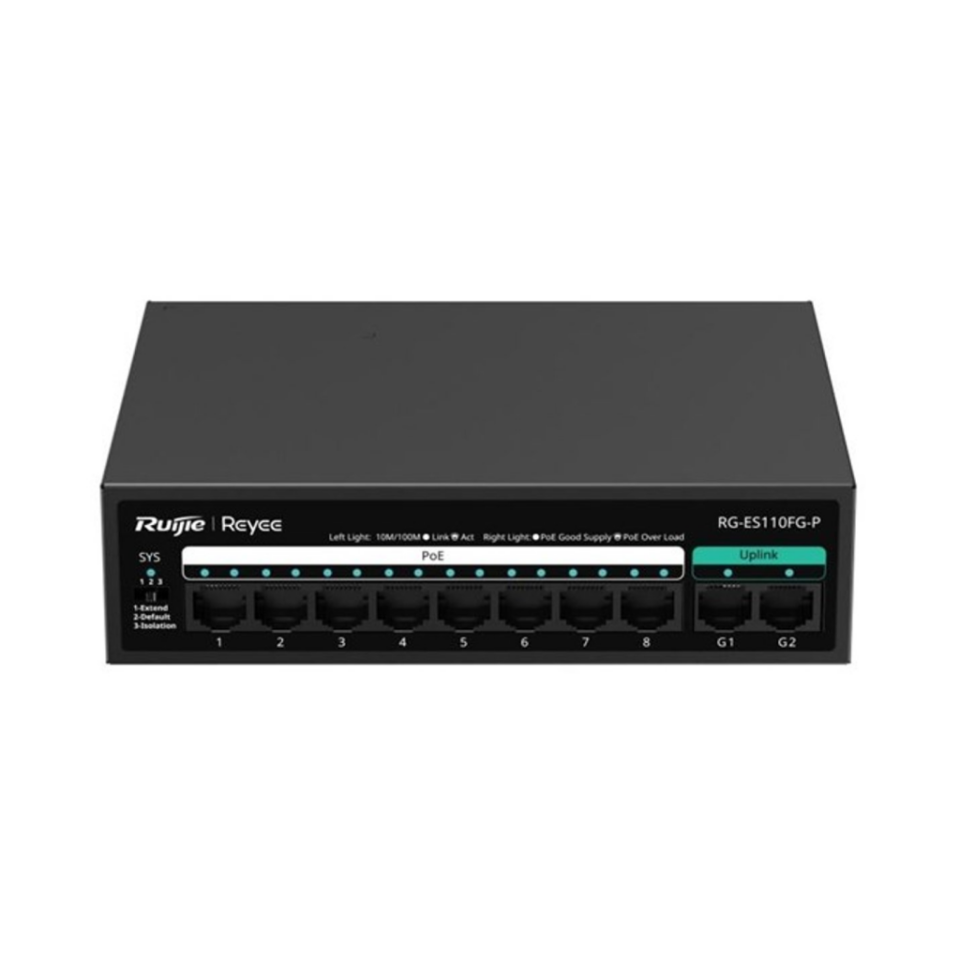 RUIJIE REYEE RG-ES110FG-P 10 Port, 8 Port MegaBit  POE, 110W, 2 Port Gigabit Uplink, Switch