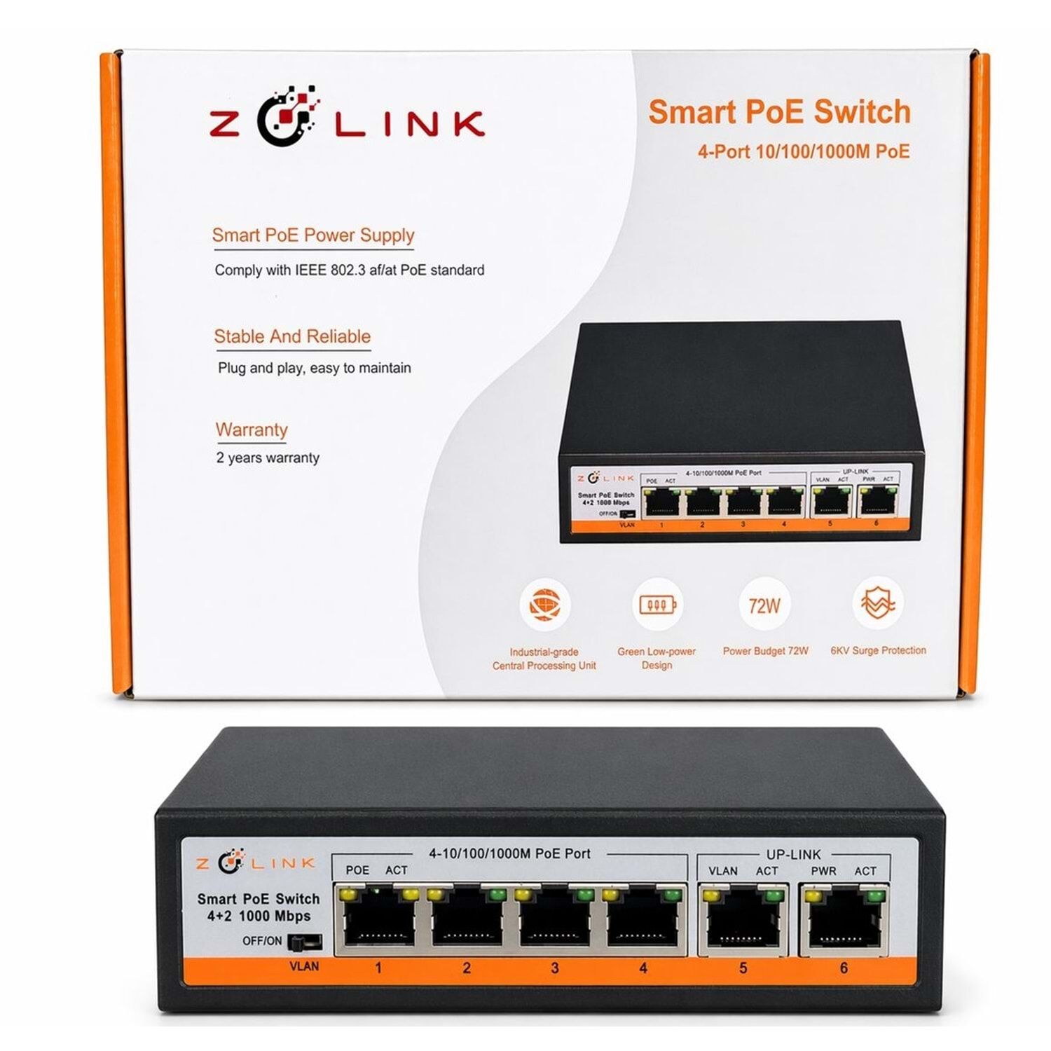 Zolink ZNT-SW-4PG2UG-V3 100/1000 4+2 PoE Switch 2 Port Uplink 72w
