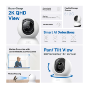 TP-LINK Tapo TC72 (C220), 2K QHD 4,0Mpix, İç Mekan WiFi, 9Mt. Gece Görüşü, 360 Dönüş, İki Yönlü Ses Güvenlik Yapay Zeka Destekli Kamera