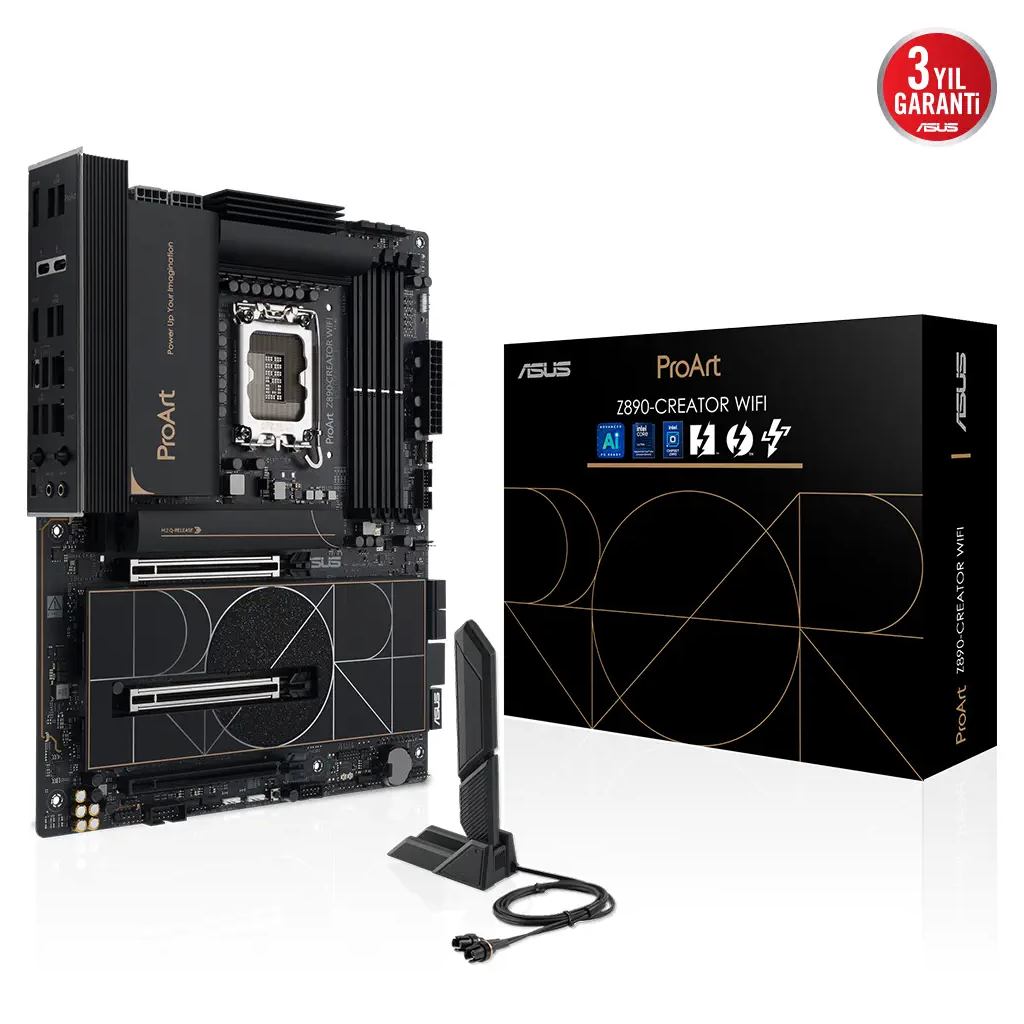 ASUS PROART Z890-CREATOR WIFI, 9066MHz OC, 4xDDR5 5x M.2, HDMI, DP, Type-C, Wi-Fi 7, Bluetooth 5.4, Intel Core Ultra CPU(Seri 2), LGA1851 Soket, Anakart