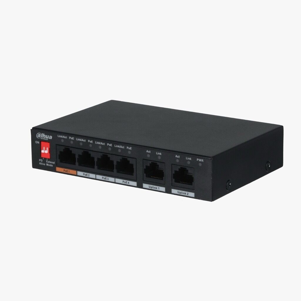 DAHUA DH-PFS3006-4ET-60 6 Port Mbit 4 Port PoE 60W 2xMbit Uplink Desktop Yönetilemez Metal Kasa Switch