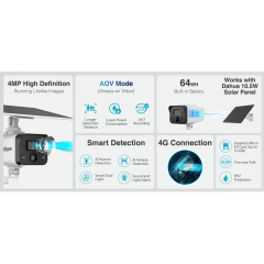 DAHUA IPC-HFW2441DG-4G-SP-B-MAX  4Mpix, 3,6mm   Lens, H265+, 30Mt Gece Görüşü, Dahili Mikrofon, IP67,  Solar(Güneş Enerjili) IP Kamera