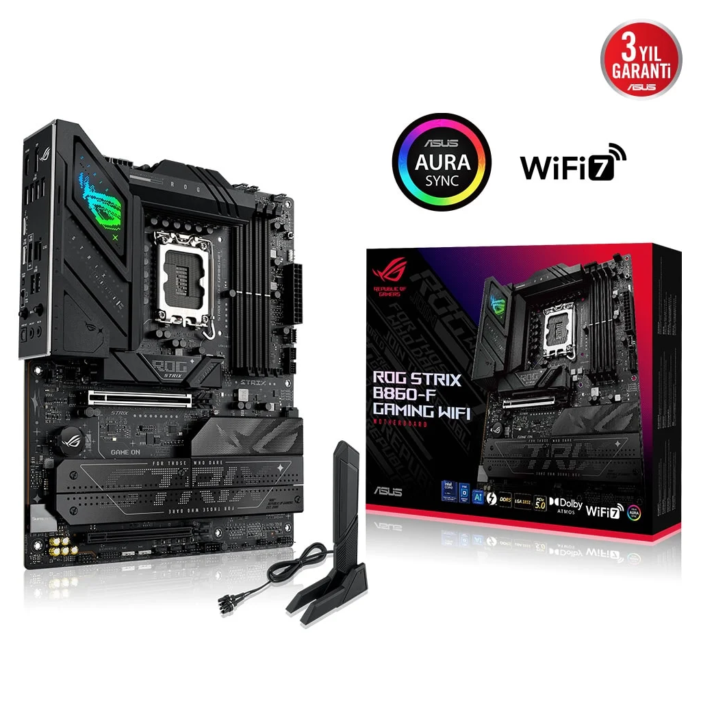 ASUS ROG STRIX B860-F GAMING WIFI, 4xDDR5, 4xM.2, HDMI, DP, Type-C, Wi-Fi 7, Bluetooth v5.4, Intel Core Ultra CPU(Seri 2), LGA1851 Soket, Gaming Anakart