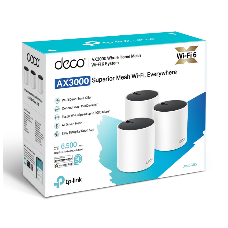 TP-LINK DECO-X55, AX3000, Tekli Mesh, 3000Mbps, Dual Band, WiFi6, 3Port Gigabit Lan, 230m2 Çekim Alanı, Router, Geniş Alan İnternet Ağı Sağlayıcısı