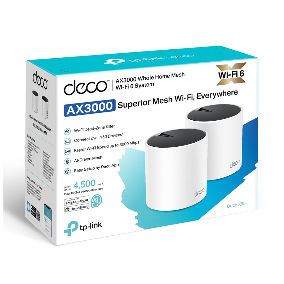 TP-LINK DECO-X55, AX3000, İkili Mesh, 3000Mbps Dual Band, WiFi6, 3Port Gigabit Lan, 420m2 Çekim Alanı, Router, Geniş Alan İnternet Ağı Sağlayıcısı