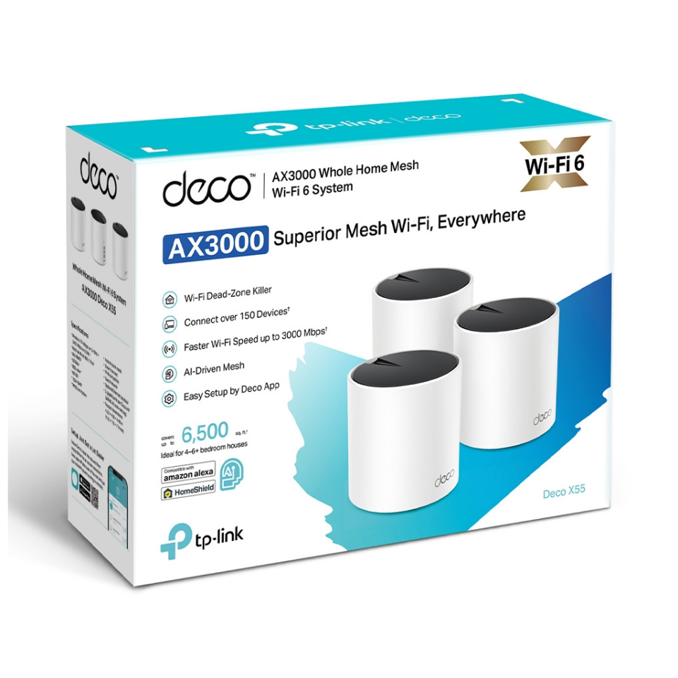 TP-LINK DECO-X55, AX3000, Üçlü Mesh, 3000Mbps, Dual Band, WiFi6, 3Port Gigabit Lan, 600m2 Çekim Alanı, Router, Geniş Alan İnternet Ağı Sağlayıcısı