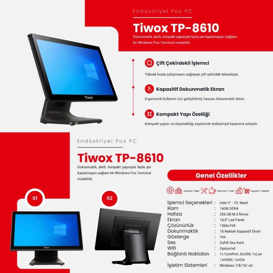 TIWOX TP-8610 I7 10.GEN 16GB/256GB SSD 18.5'' ENDÜSTRİYEL POS PC