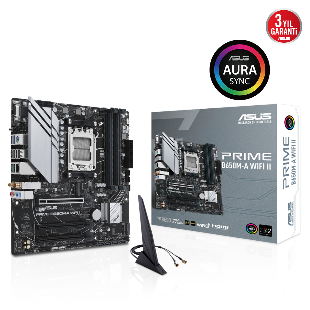 ASUS PRIME B650M-A WIFI II, 4xDDR5, 2x M.2, D-SUB, HDMI, DP, Wi-Fi 6, Bluetooth v5.2, AM5 Soket GAMING Anakart
