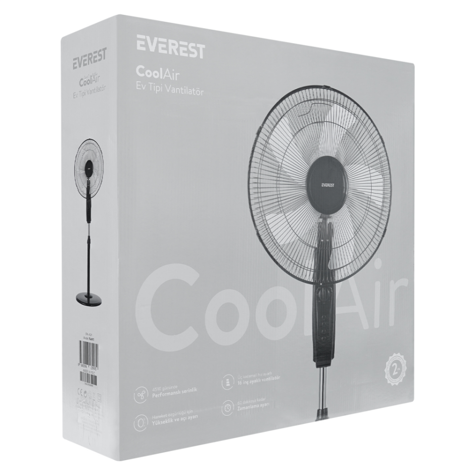 EVEREST FAN11, SİYAH, CoolAir, 3 Kademeli Hız, 16" Kanat, 45W, Otomatik Salınım, Yükseklik Ayarlı, AC220, Vantilatör
