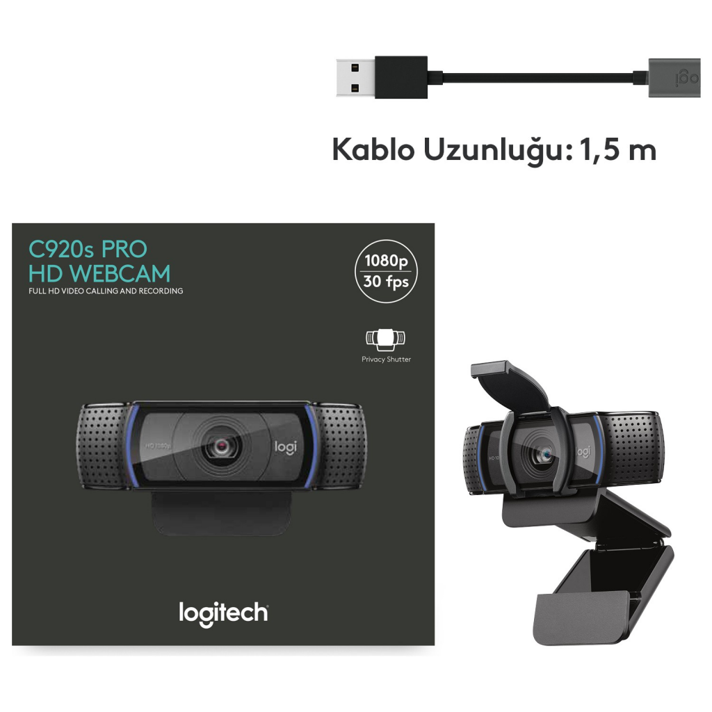 Logitech Li LOGITECH 960-001252, C920S, HD PRO 1080p/30 fps, Dahili Çift Mikrofonlu ...