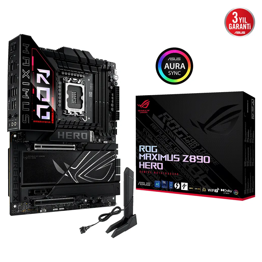 ASUS ROG MAXIMUS Z890 HERO, 8800MHz, 4xDDR5,  6x M.2, HDMI, 2xThunderbolt, 4xType-C, Wi-Fi 7, Bluetooth 5.4, Intel Core Ultra CPU(Seri 2), LGA1851 Soket, Gaming Anakart