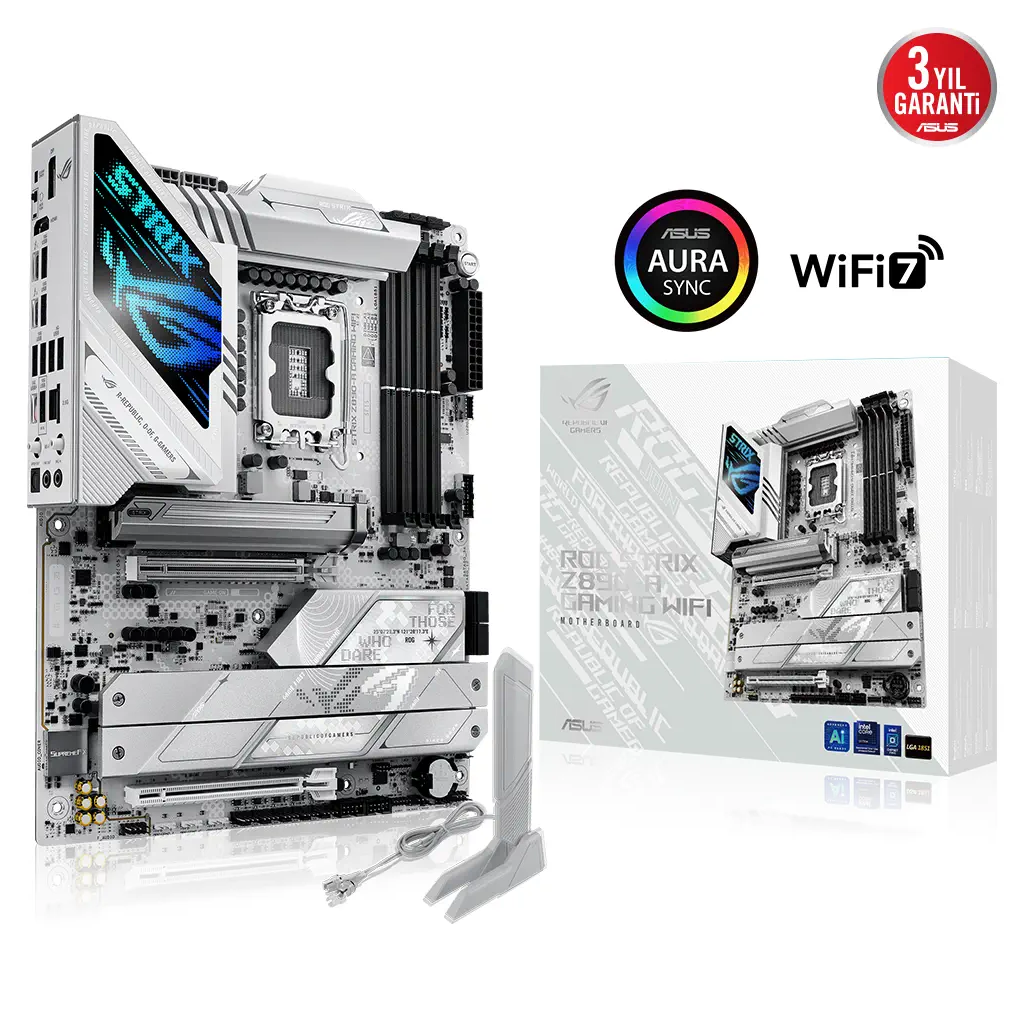ASUS ROG STRIX Z890-A GAMING WIFI, 9066MHz OC, 4xDDR5, 5x M.2, HDMI, DP, 2xThunderbolt, 2xType-C, Wi-Fi 7, Bluetooth 5.4, Intel Core Ultra CPU(Seri 2), LGA1851 Soket, Gaming Anakart