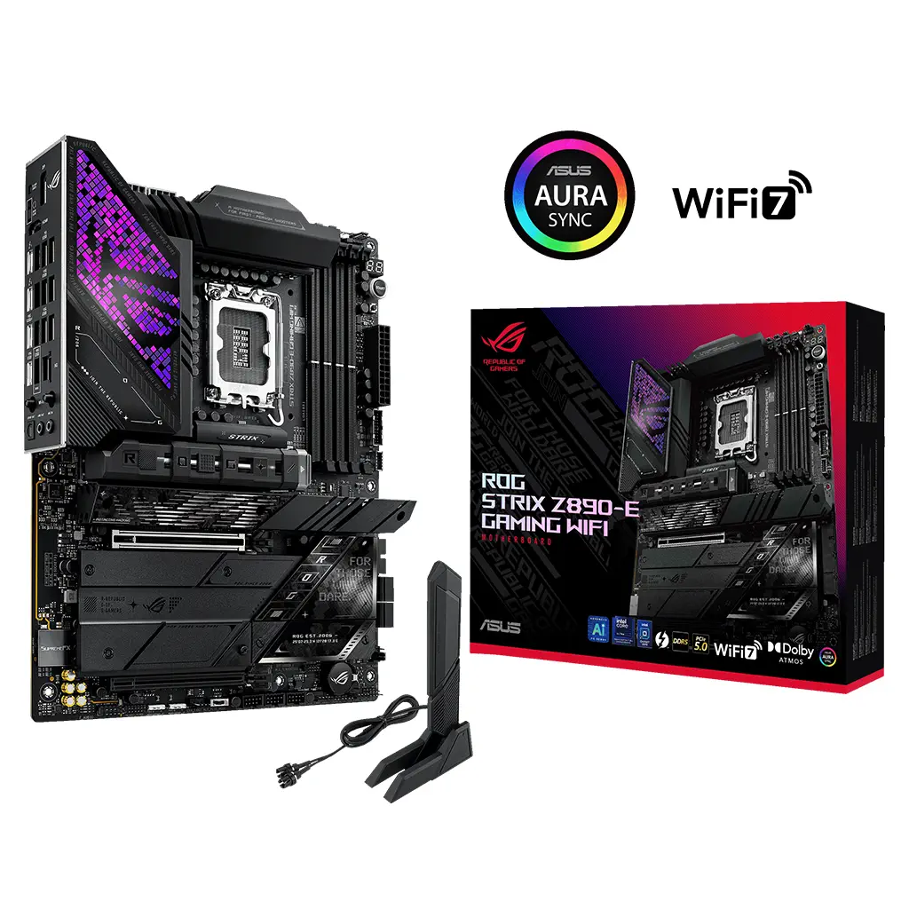 ASUS ROG STRIX Z890-E GAMING WIFI, 8800MHz, 4xDDR5, 7x M.2, HDMI, DP, 2xThunderbolt, 4xType-C, Wi-Fi 7, Bluetooth 5.4, Intel Core Ultra CPU(Seri 2), LGA1851 Soket, Gaming Anakart