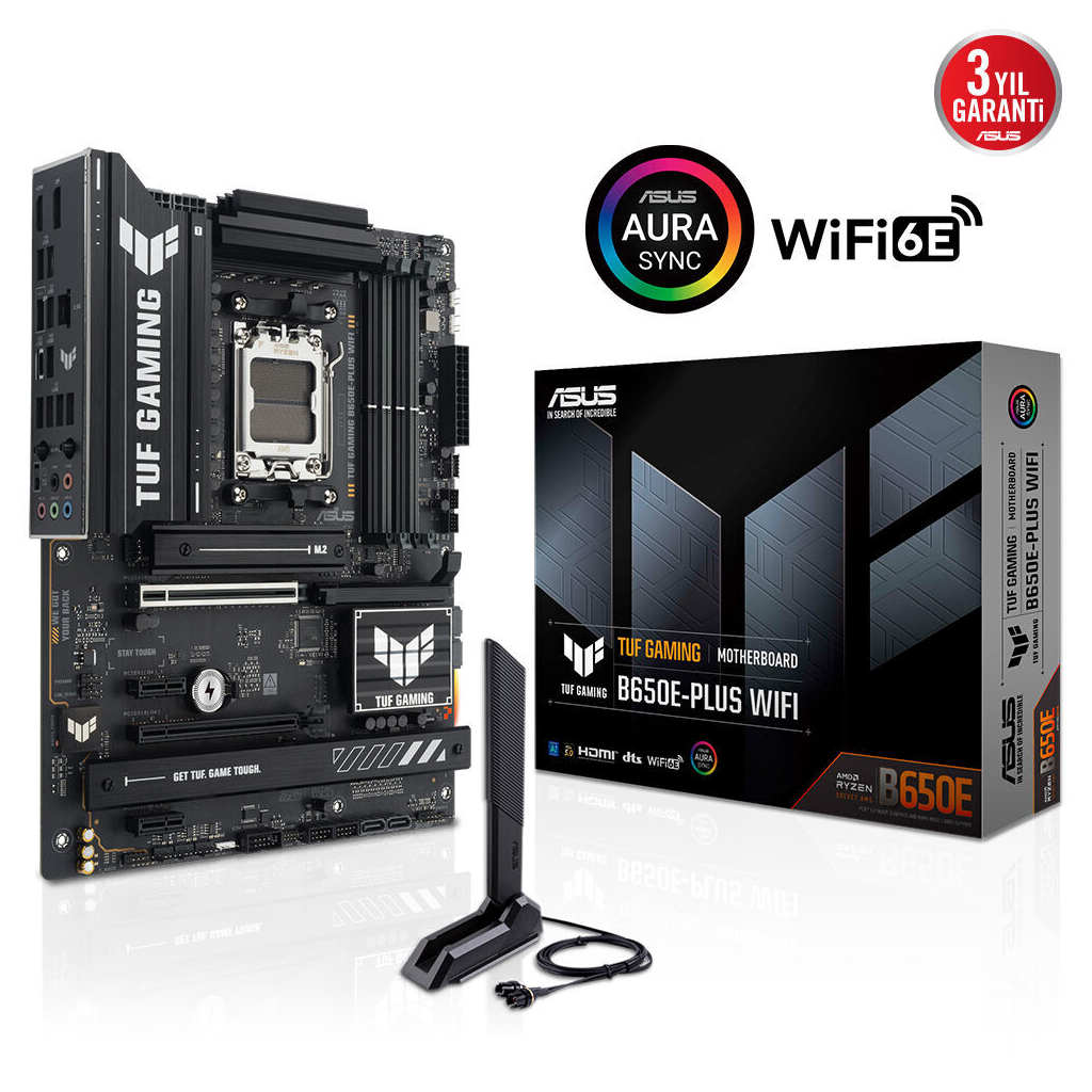 ASUS TUF GAMING B650E-PLUS WIFI, 4xDDR5, 3xM.2, DP, HDMI, Type-C, Wi-Fi 6E, Bluetooth v5.3, AM5 Soket Gaming Anakart