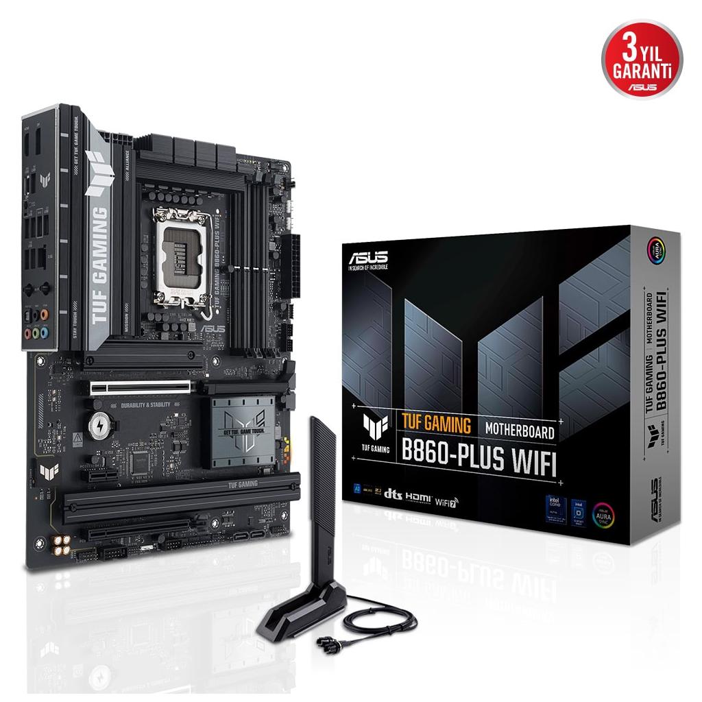 ASUS TUF GAMING B860-PLUS WIFI, 4xDDR5, 3xM.2, HDMI, DP, Wi-Fi 7, Bluetooth v5.4, Intel Core Ultra CPU(Seri 2), LGA1851 Soket, Gaming Anakart