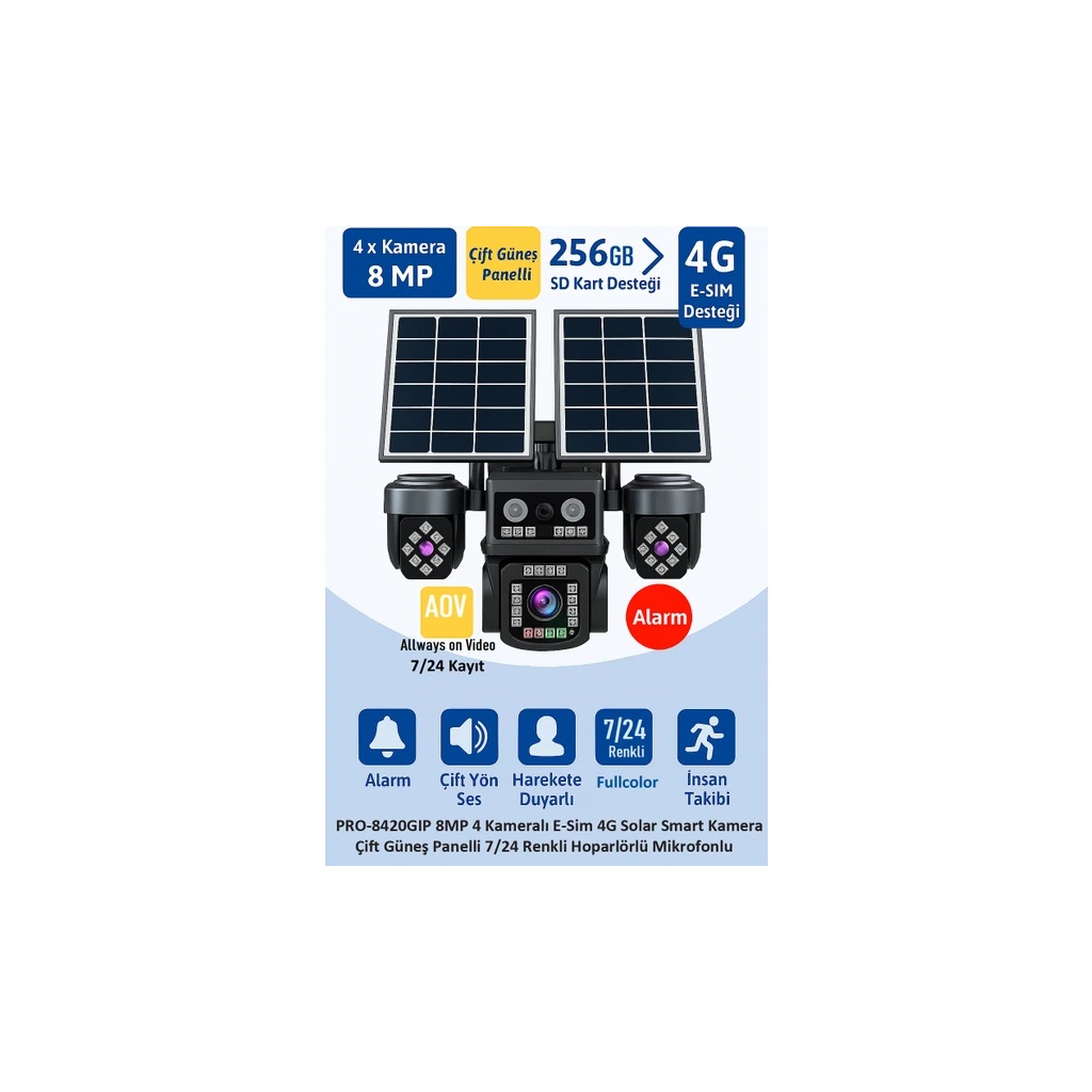 BALANDI PRO-8420GIP 8MP 4 Kameralı 4G AOV ESIM  Solar Kamera