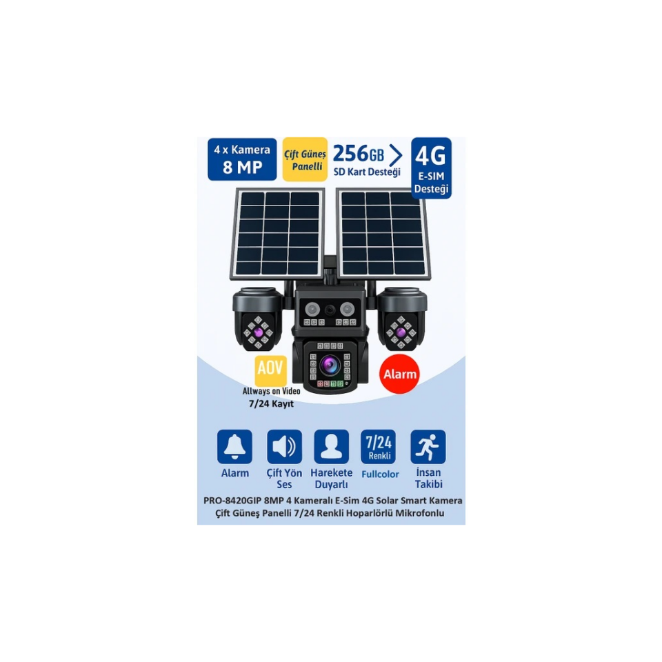 BALANDI PRO-8420GIP 8MP 4 Kameralı 4G AOV ESIM  Solar Kamera, HIEASY Yazılım